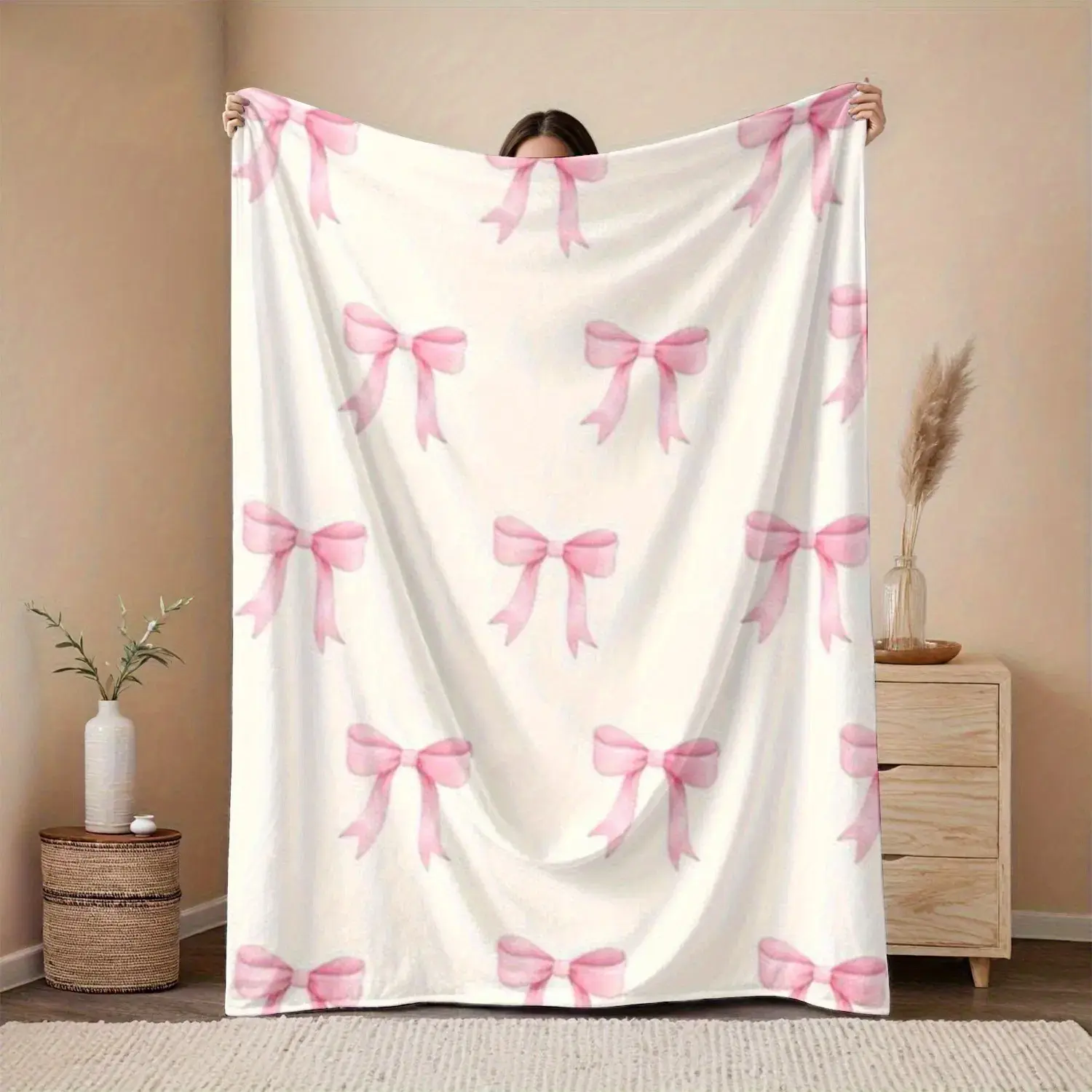 Bowknot Print Flannel Blanket - Soft, Vintage-Inspired Design with Pink Bows on White, All-Season Comfort for Home, Office, Camping & Travel, Machine Washable, Perfect for Halloween & Christmas Decor, Travel Accessory| Playful