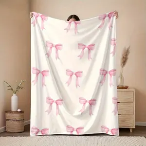 Bowknot Print Flannel Blanket - Soft, Vintage-Inspired Design with Pink Bows on White, All-Season Comfort for Home, Office, Camping & Travel, Machine Washable, Perfect for Halloween & Christmas Decor, Travel Accessory | Playful