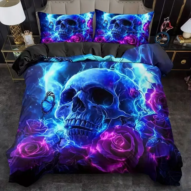 3-Piece Dark Skull Print Decorative Duvet Cover Set, Bed Covers, Soft Breathable Polyester Fabric, All-Season Use, Bedroom Bedding Decor, Printed Bedding Set, Bed Sets Supplies