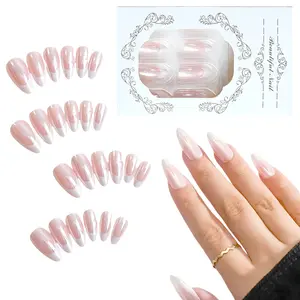 24Pcs Aurora French Tip Press on Nails, Medium Almond Nude Metallic Chrome Fake Nails, Luxurious Electroplated Mirror Acrylic Stick on Nails for Women Girls Manicure Decoration