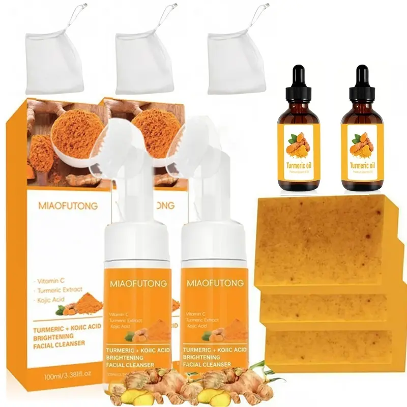 Turmeric Cleaning Set with 3 Soaps, 3 Foaming Nets, 2 Cleansers, 2 Essence Bottles, Turmeric Facial Wash, Face and Body Care with Turmeric Infusions