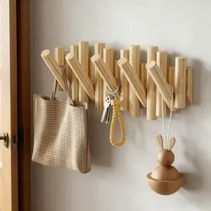 1 Piece Easy-to-Install Bohemian Wall Rack - Wooden Piano Key Design with 5 Foldable Hooks, Home Organizer Hook, Key Holder, Wall-Mounted Coat Hanger, Storage for Mudroom/Entrance, Beautiful Decoration
