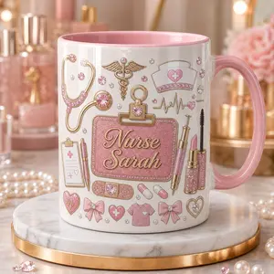 Custom Nurse Coffee Mug, 2D Printed 3D Effect Ceramic Cup with Pink Glitter Medical Theme, Personalized Gift for Nurses