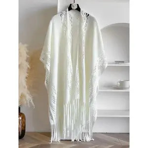 Women's Solid Color Crochet Fringe Trim Shawl, Casual Open Front Shawl for Daily Wear, Fashion Accessories for Women & Girls