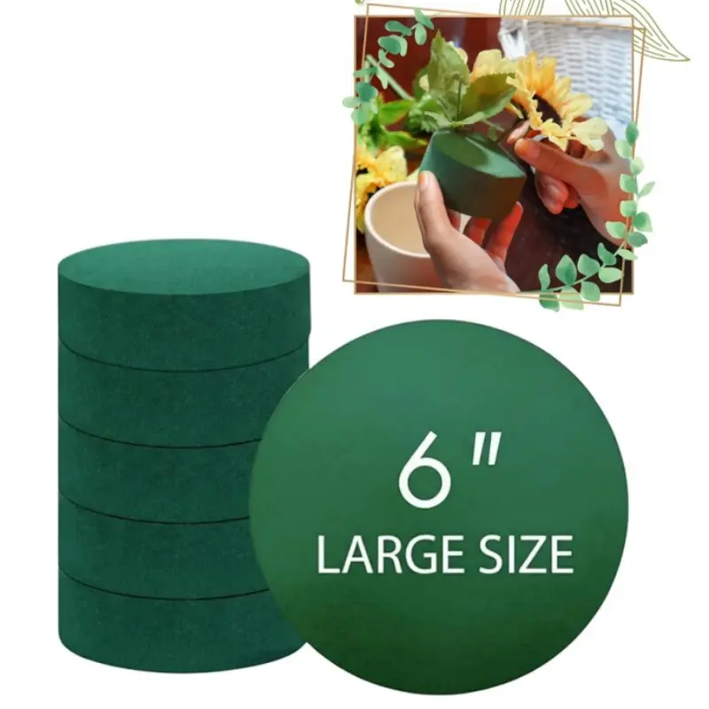 6-Piece Round Green Dry Floral Foam Blocks, 6in x 1.5in Odorless Soft Foam Blocks for Artificial Flower Arrangements, Home Decor, Weddings, Events, Baby Showers DIY Specialty Supplies