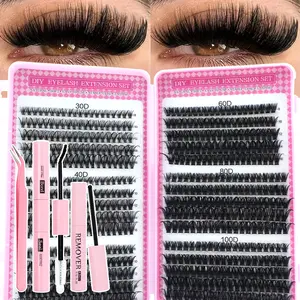 600 segmented set, 30D+40D+50D+60D+80D+100, including glue, tweezers to remove adhesive paste, Individual False Eyelashes, 0.07 eyelash thickness D curl 8-16mm mixed length, Eyelash Extensions