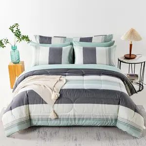 Sage Green Striped Comforter Set, Geometric Lightweight Soft Bedding Set, All Season Down Alternative Men Boy Comforter with Sheets Pillowcses (Full,Sage Green)