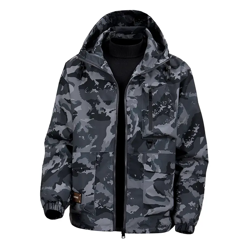 Men’s camouflage hooded jacket with pockets and zipper closure; camouflage cargo hooded outdoor jacket; full-zip hood design; multi-pocket workwear design; windproof, waterproof full-zip military tactical jacket with multiple pockets; outdoor streetwear h