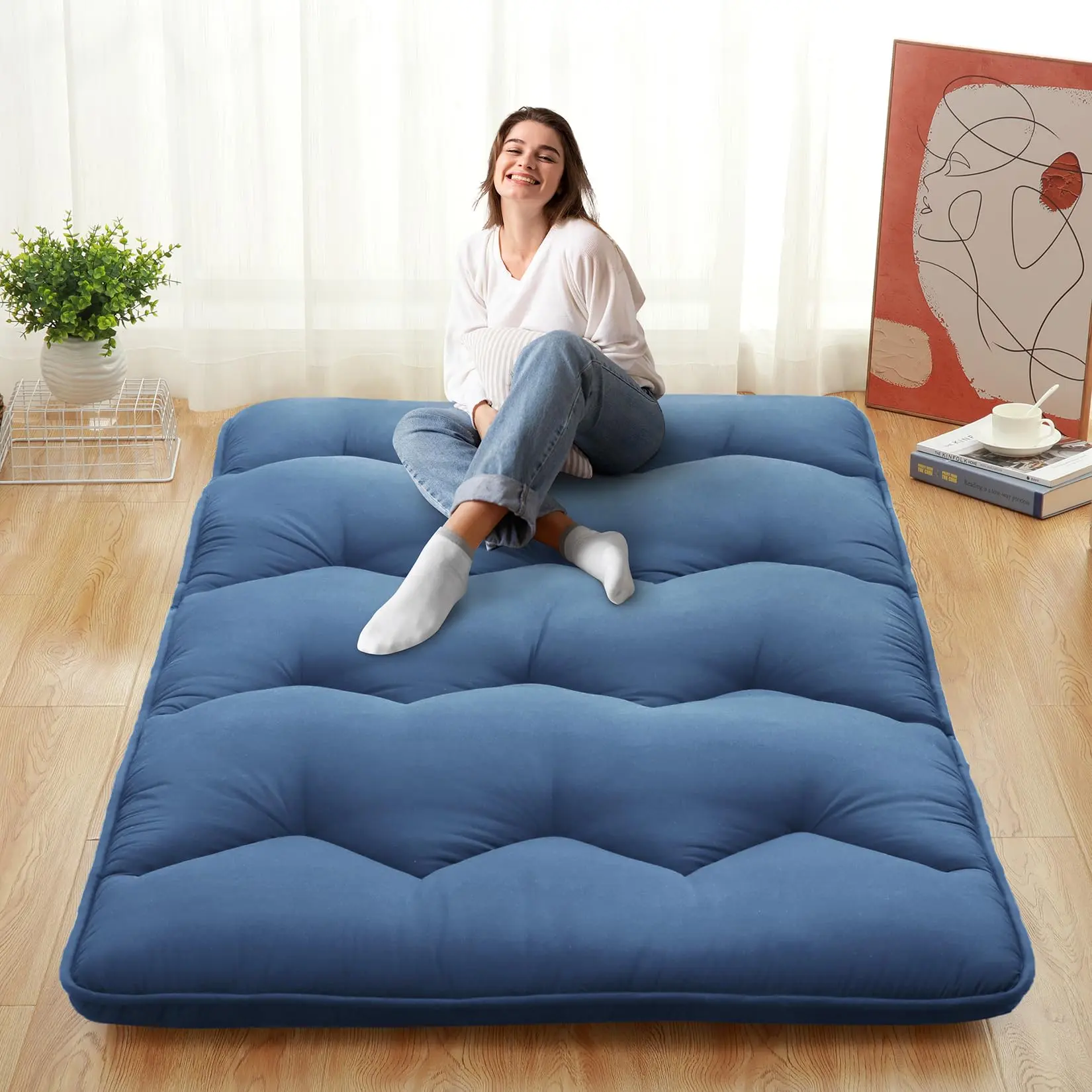 Garvee Queen Size Japanese Futon Mattress - Foldable, Roll-Up Tatami Style Floor Mattress in Navy Blue, Ideal for Camping and Home Use, Comfortable and Portable