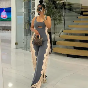 women's fashion color-block personality tassel casual leggings jumpsuit Overalls Womenswear boho fashion casual jumpsuit Slim Sleeveless Spaghetti Strap