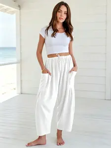 Womens Linen Blend Wide Leg Pants Oversize Casual Loose Fit Beach Palazzo Harem Pants with Pockets Vacation summer outfits  Womenswear