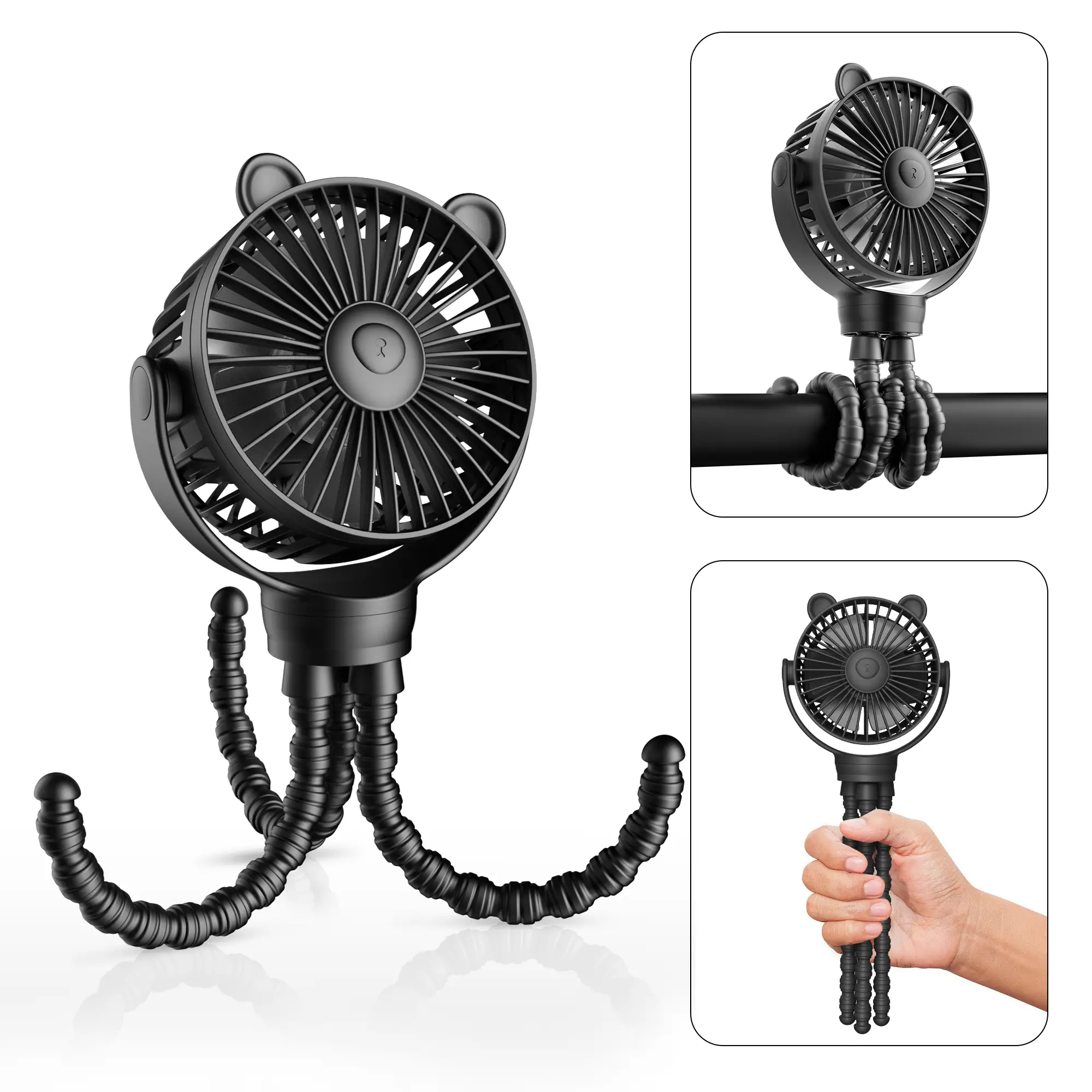 FrSara Octopus fan, Rechargeable Portable Fan, 360°Rotatable, 3-Speed, Stroller Fan, Cooling Fan, Flexible Tripod for Treadmill, Golf Cart, Bike, car,