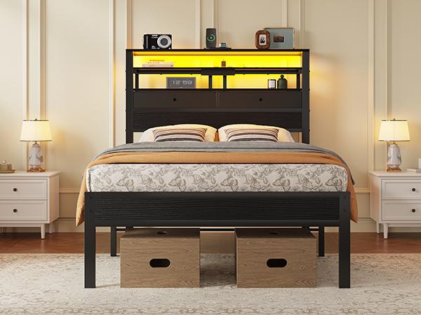 Bed Frames with Charging Station and LED Lights, Wood Headboard with 2 Fabric Drawers and Storage Shelves, Twin Size Platform Bed with Metal Slats, No Box Spring Needed