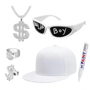 Solja Boy Hop Costume Kit Rapper Accessories 5 Pack Chain Sunglasses Ring Hat Paint Pen for 2000s 80s 90s Outfit White Black Style