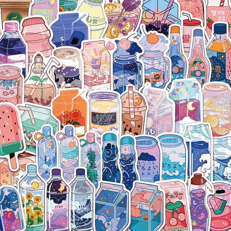 Drink Pattern Sticker, 50pcs/set Creative Drink Pattern Decorative Sticker, DIY Decals for Water Bottle, Laptop, Phone Case, Scrapbooking, Journal Making