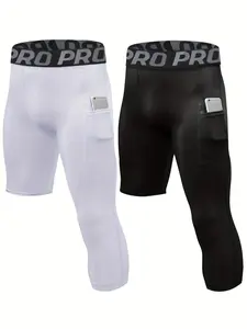 Men's Letter Tape Pocket Asymmetrical Sports Leggings, Quick Drying Breathable Compression Pants, Basketball Athletic Running Leggings, High Stretch Leggings, Gym Workout Leggings