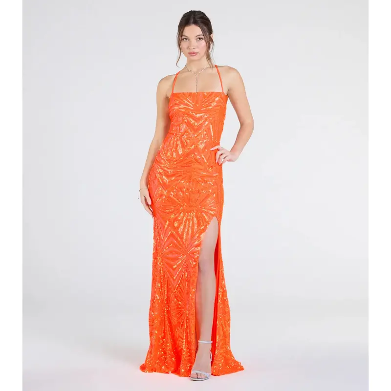 open lace back dress Cami Angel Sleeve Faux Wrap Dress Orange Sunset main image 0