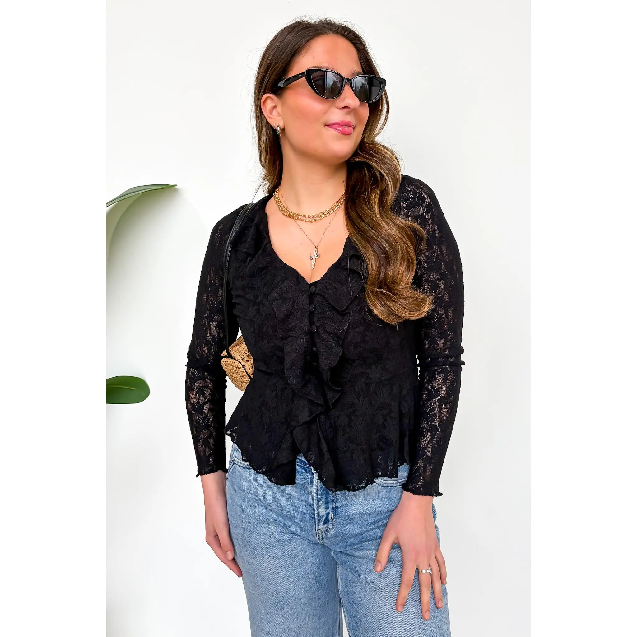 Dreamweaver Jacquard Knit Lace Romantic Ruffle Top - FINAL SALE