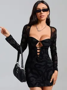 Snake Printed Cutout Sweetheart Long Sleeve Bodycon Dress a-line party