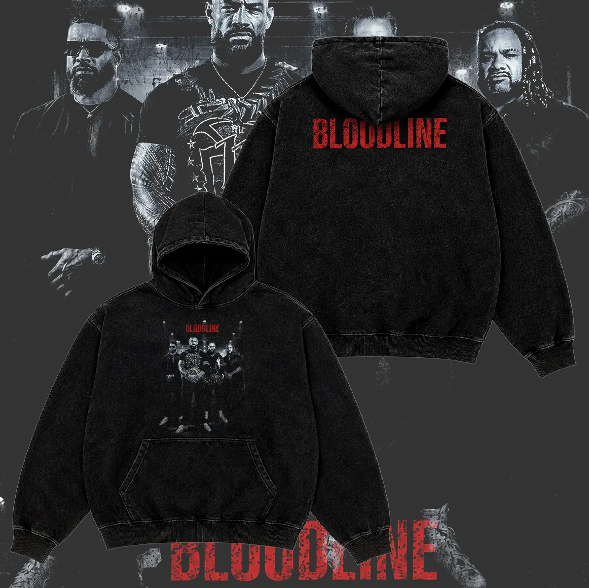 v2 WWE The Bloodline Roman Reigns Menswear Vintage Washed T-Shirt, Front and Back Wrestling Graphic, Tribal Chief Casual Streetwear Tee