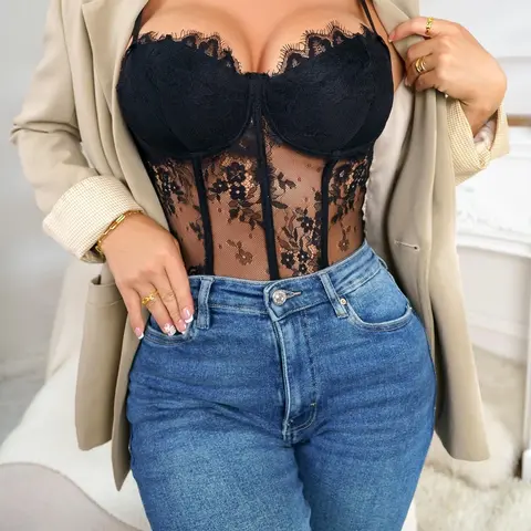 Women's Solid Lace Cami Top with Fishbone Shaping, Party and Night Out Clubwear, Sheer Cutout Sleeveless Bodysuit for Summer Events