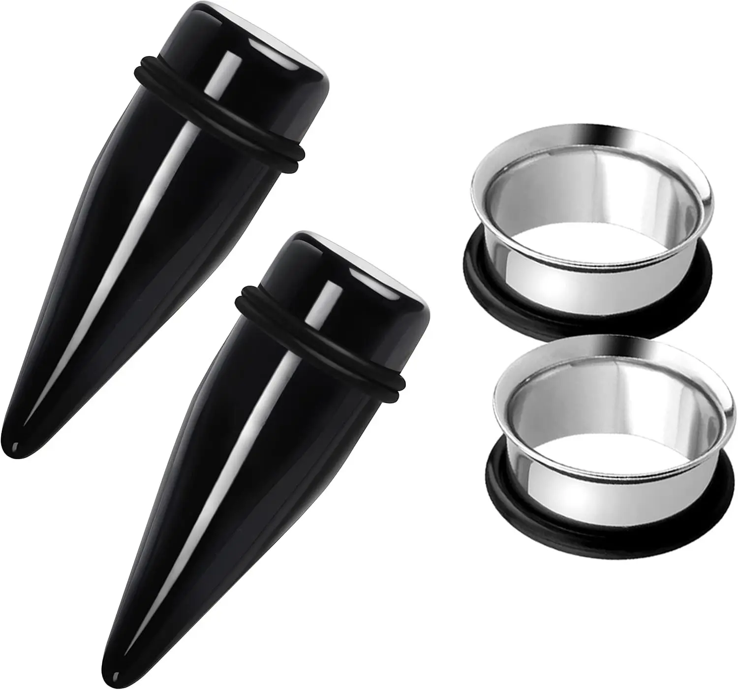 2 Pairs Black Acrylic Ear Tapers and 316L Stainless Steel Tunnels Plugs Gauges Ear Stretching Kit