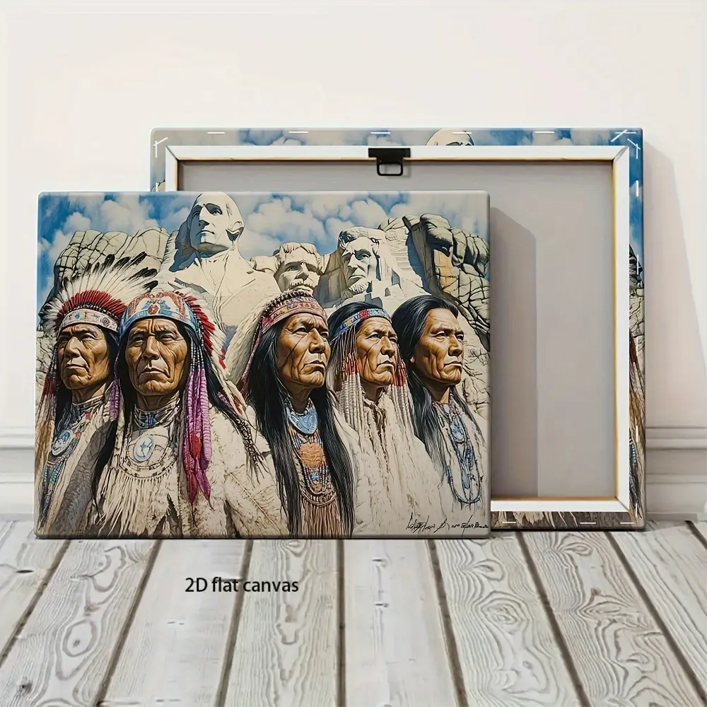 2D Flat, 1pc Founding Fathers, Native American Indian Tribes Canvas Painting Wall Art.Modern Home, Bedroom, Office Aesthetic Decor- Stretched and Framed, Ready to Hang- with Picture Frame (Framed Wrapped Canvas)