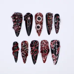Unique 3D Design with Horror Blood Eyeball Long Stiletto Halloween Press On Nails, Scary Fake Nails Art for Spooky Season, Goth Nails