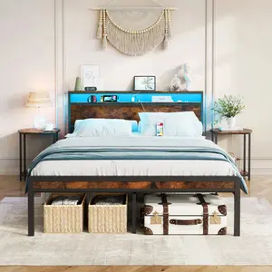 Full Size Platform Bed Frame with Headboard and Footboard, LED Lighting, Black Heavy Duty Mattress Foundation with Steel Slat Support, Noise Free,81.73"L x 54.13"W x 38.96"H