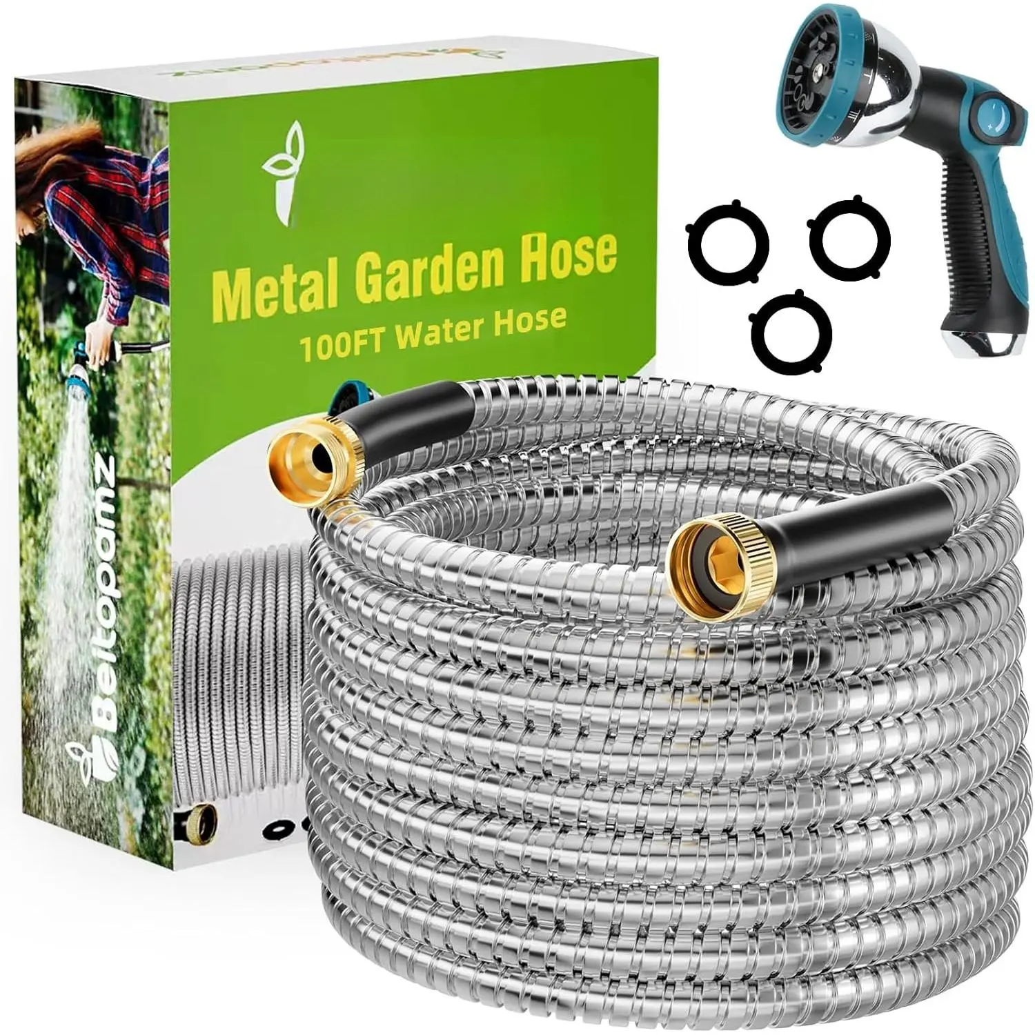 100 ft Garden Hose, Stainless Steel Metal Water Hose 100  with Nozzle, Flexible, Rust Proof, No-Kink, Heavy Duty, Leakproof 3/4 in Fittings, Lightweight Metal Hose, BT100S Model