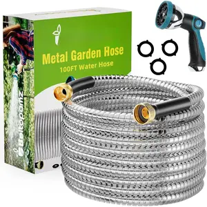 100 ft Garden Hose, Stainless Steel Metal Water Hose 100  with Nozzle, Flexible, Rust Proof, No-Kink, Heavy Duty, Leakproof 3/4 in Fittings, Lightweight Metal Hose, BT100S Model