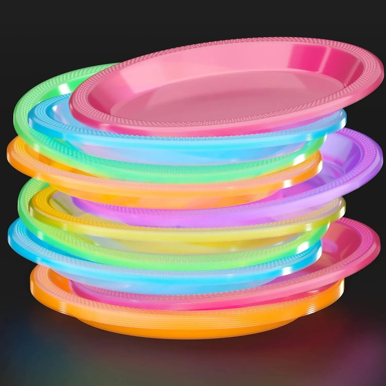 Exquisite Black Light Glow Party Plates - 60 Party Plates - Size: 9 Inch. - Assorted Colors - Food Safe Material - Blacklight Reactive Neon Plates - Disposable Plastic Plates For Birthday Parties