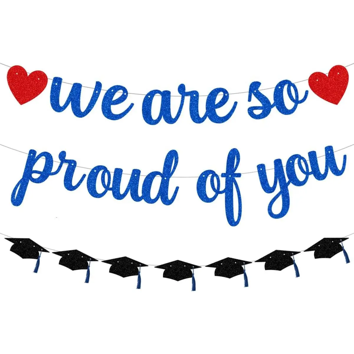 Pre-Strung We Are So Proud of You Banner Garland for Veterans Day Congratulation Graduation Party, NO DIY Black and Blue Glittery Letter Hat Sign for School Classroom,  Party