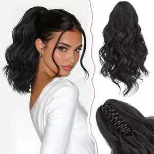 MOCA Black Short Claw Highlight Ponytail Extension for Women 10 Inch Soft Natural Looking Synthetic Clip In On Pony Tail Hairpiece Wavy Curly Fake Thick Jaw Hair Extensions for Daily Party Use Medium Golden Blonde White Blonde Highlights/Grey/Orange/Brown