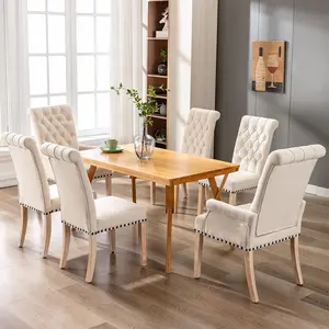 Dining Room Chairs with Arms,Tufted Upholstered High Back Nailed Trim with Untique Oak Wood Legs for Kitchen Restaurant Room Bedroom (Beige)