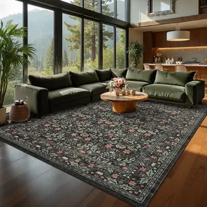Vintage Floral Pattern Rug, Low-pile, Non-slip, Washable, Ultra-thin, Non-shedding, Foldable, for Bedrooms, Farmhouses, Restaurants, Apartments, Entryways, and Living Room Decoration