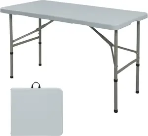 Folding Table 4FT Camping Table Portable Heavy Duty Plastic Rectangular Outdoor Dining Table Steel  Fold-in-Half with Carrying Handle for Indoor,Picnic,Party,Wedding,Events(Grey)