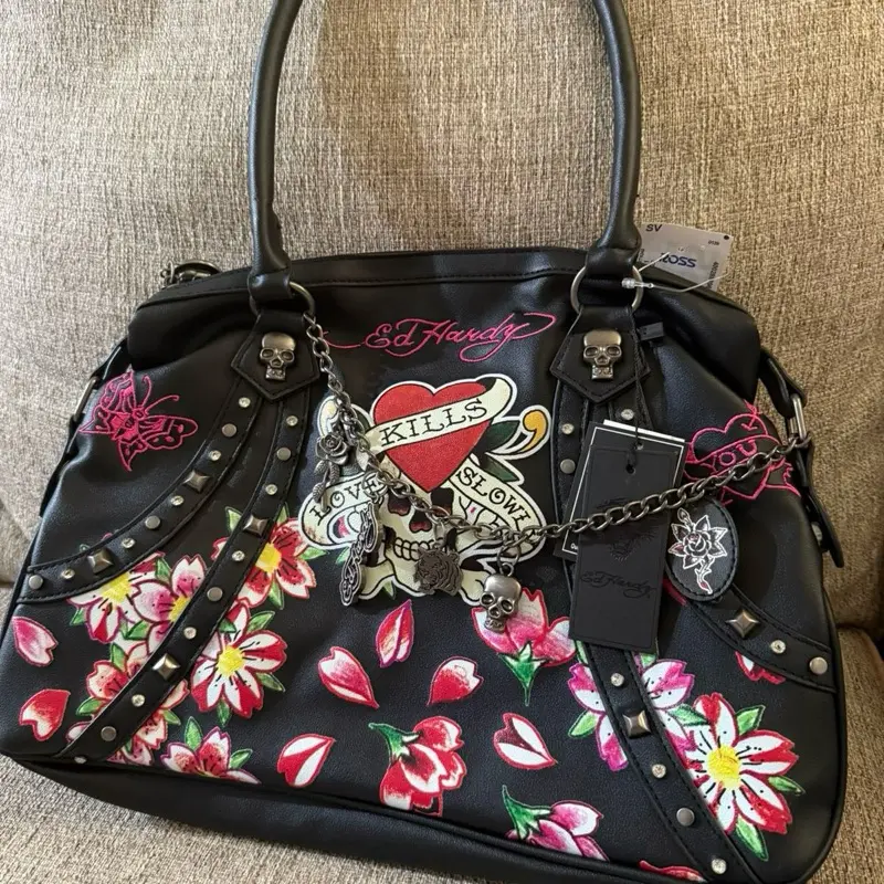 Ed Hardy Tote Purse with Floral Design and Skull Charms Black