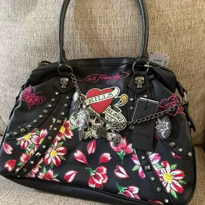 Ed Hardy Tote Purse with Floral Design and Skull Charms Black Handbag
