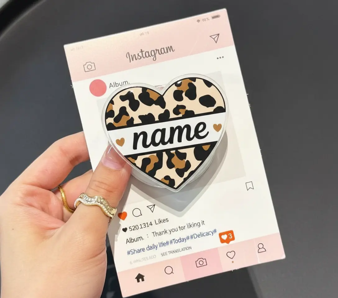 Custom Name Heart Leopard Magsafe Phone Grip - Cute Personalize Magnetic Phone Holder Gift