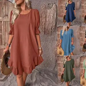 2026 Summer Spring Women Dress Vintage Cotton Linen Puff Sleeve O Neck Solid Color Loose Swing Dress for Women Casual Beach Party Wear
