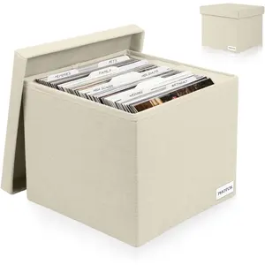Decorative Photo Storage Box - Linen Photo Box Organizers with Dividers, Holds Up to 800 Photos in 8x10 inch Size, Portable Scrapbook Storage Containers with Lid Beige