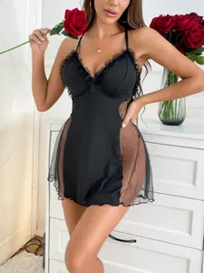 Women's Casual Elegant Home Sleepwear Set, Half-Transparent Classic Bow Design, Sleeveless Fitted Nightgown for All Seasons