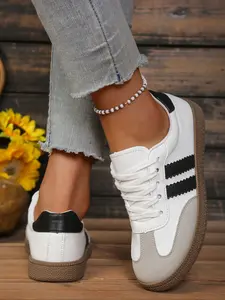 Women's Classic Striped Sneakers, Anti-Slip Durable Low-Top Sports Training Shoes, PU Leather Casual Footwear for All Seasons, Slip Resistant Sneakers