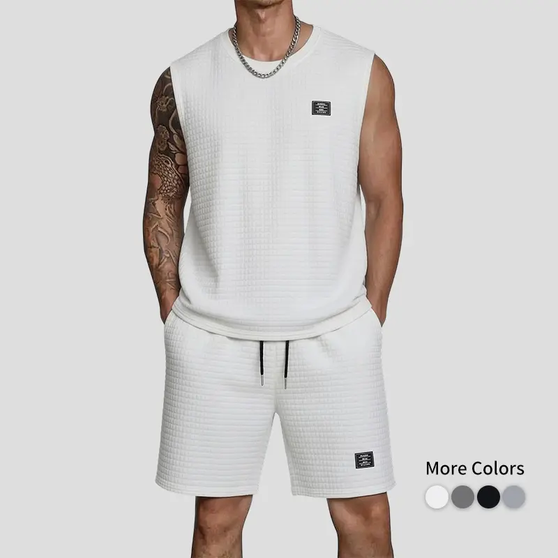 Men's 2-Piece Casual Menswear Clothes Set - Jacquard Sleeveless Shirt, Drawstring Shorts, Polyester Fabric, Machine Washable, 2 Piece Sets, Jacquard Shirt, Stylish, Two Piece Set