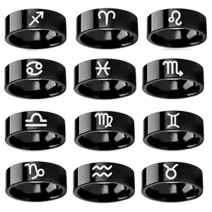 Elegant Stainless Steel Zodiac Ring - Fashion Black 12 Constellation Band, Durable & Non-Fading