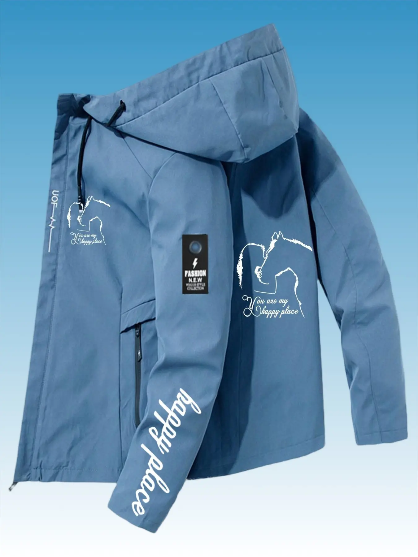 Men's Casual Jacket with Girl & Horse Print Zipper Hooded Windproof Coat, Lightweight Durable Polyester, Long Sleeve Pockets, Outdoor Sports