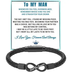 To My Man Straighten Your Crown Bracelet for Husband Boyfriend Mens Braided Leather Bracelets Valentine Birthday Christmas Gifts for Him