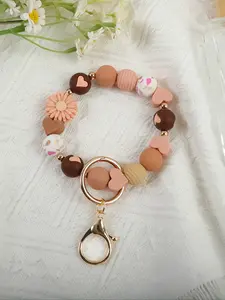 Boho Daisy Leaf Print Wrist Keychain, Colorful Beaded Heart Design, Lobster Clasp, Cute and Practical, Perfect Gift for Friends, Floral Pattern Keychain