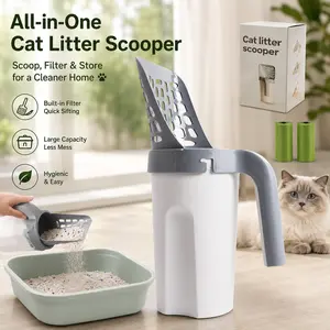 Cat Litter Scooper with Holder - 30 Refill Bags, Large-Capacity Portable Shovel for Litter Tray, 1-Handed Odor Control Pet Cleaning Tool